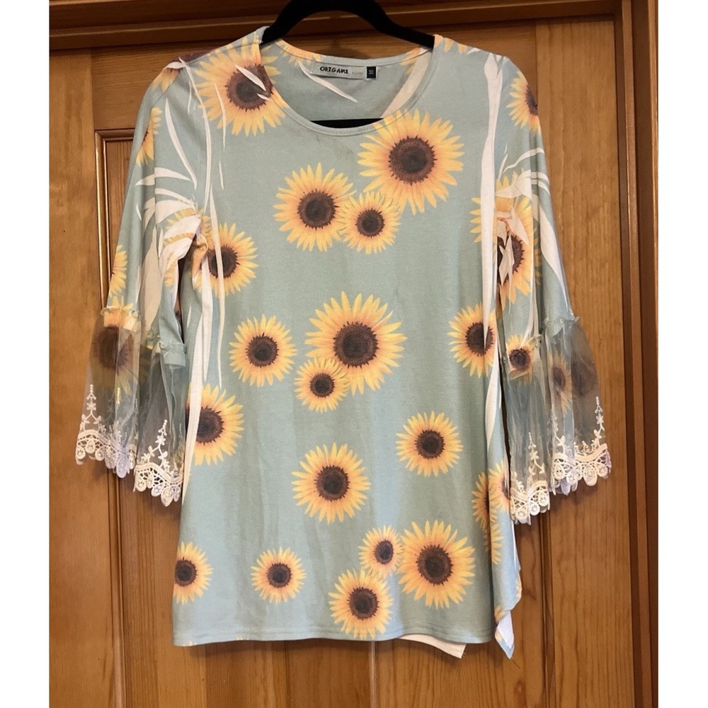 Origami Women's Blouse 3/4 Lace Bell Sleeve Sunflower Crew Neck Sz Medium